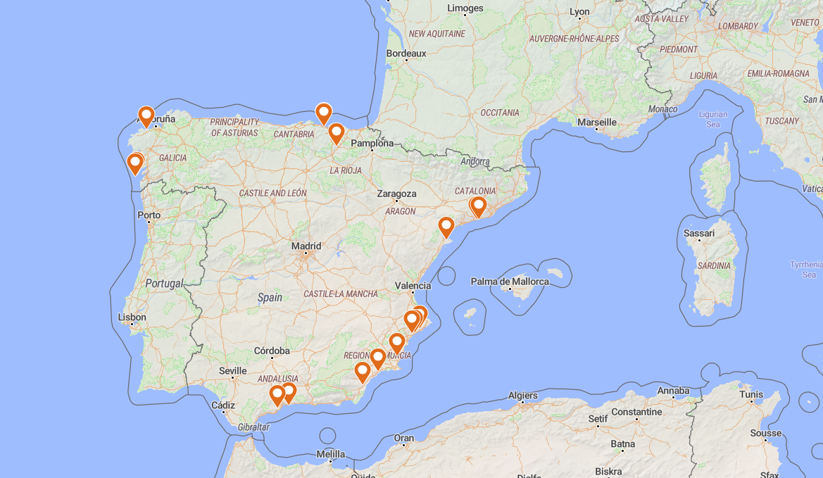 Mapa de playas nudistas de España